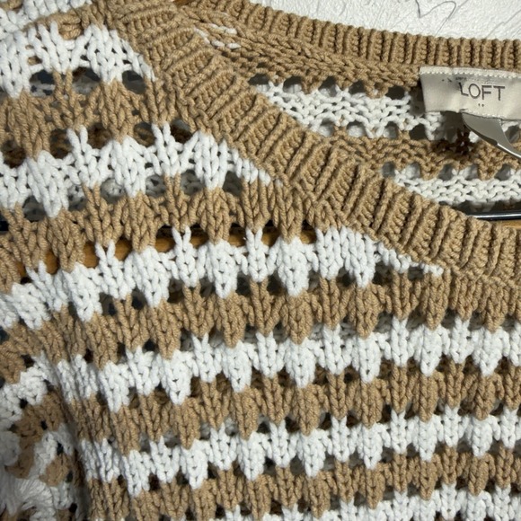 Loft Sweater WM Tan/white Stripe Open Knit Long Sleeve Chic Artisanal Classic - Picture 2 of 13